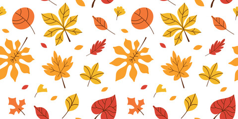 Autumn leaves pattern. Flat vector fall foliage background. Flat colorful warm autumn nature seamless texture isolated on white background. Cute bright seasonal botanical leaf elements. © Oksana Kabanchuk