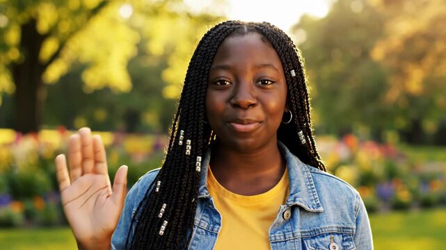 Portrait of a happy young black girl waving hello in a sunlit park during the golden hour