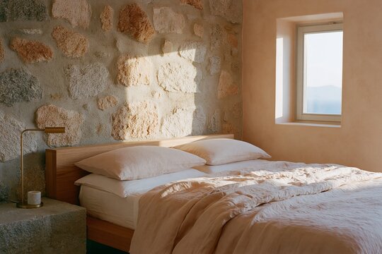 Boutique hotel bedroom featuring a rough stone accent wall, wooden bed frame, soft bedding, and natural light streaming through a window