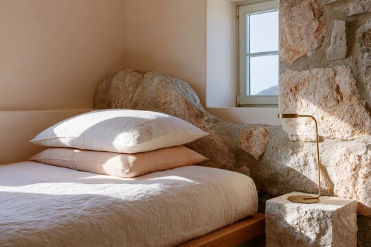 Boutique hotel bedroom featuring a rough stone accent wall, minimalist wooden bed, and soft bedding with natural light streaming through a window