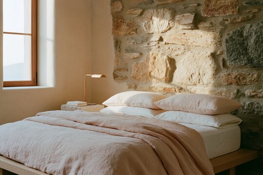 Boutique hotel bedroom featuring a rough stone accent wall, soft bedding, and a modern lamp, creating a serene and inviting atmosphere for guests