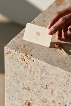 Closeup of a cream parchment hotel key card held by a hand, resting on a textured stone surface with a key nearby, showcasing elegant design and natural materials