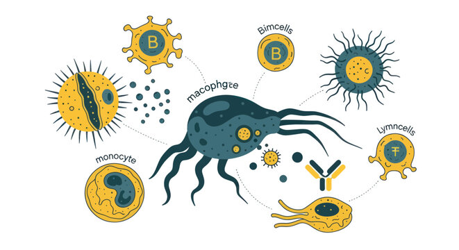 Immune system cells including macrophage monocyte and b cells diagram