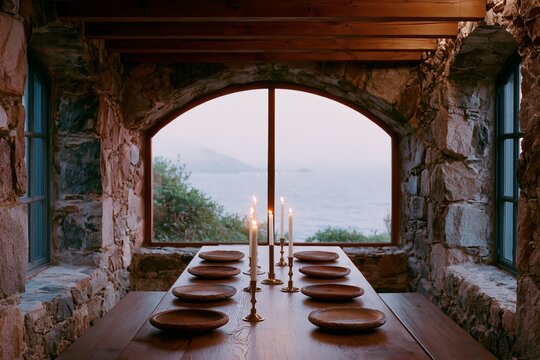 Rustic boutique hotel restaurant interior featuring a wooden dining table with plates and candles, framed by rough stone walls and a scenic ocean view through large windows