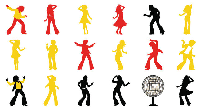 Retro disco dancers silhouettes and mirror ball