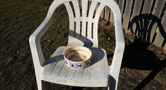 White Plastic Chair Holding Empty Ceramic Bowl in Sunny Backyard