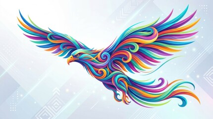 Obraz premium Vibrant colorful eagle with swirling feathers in flight on a light blue background