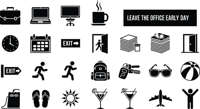 Business office icons collection featuring time management and early departure concepts for workday