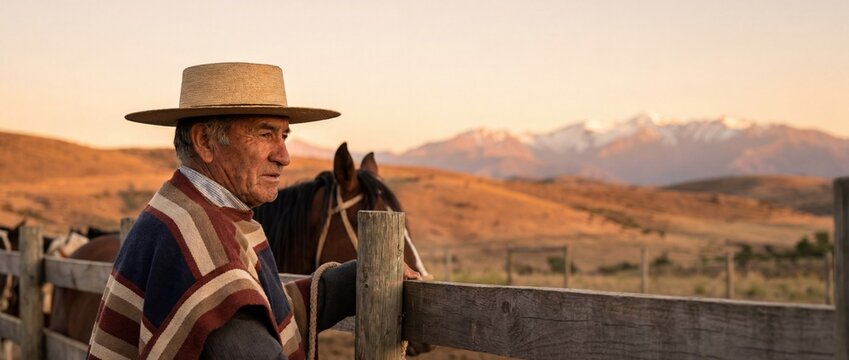Chilean huaso rancher wearing traditional poncho and chupalla hat, standing by a wooden fence, horses and andes mountains at sunset