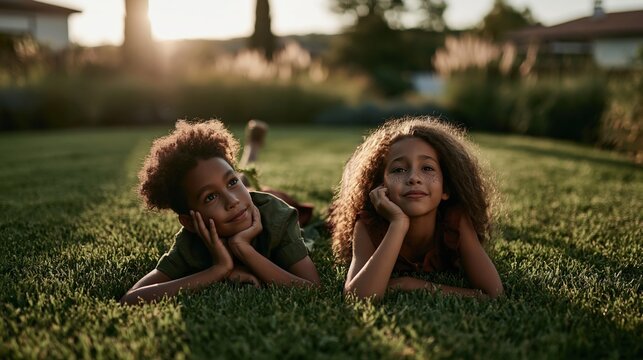 Hot Summer season lifestyle theme. A candid outdoor portrait of two young children lying on a lush green lawn. The setting sun casts a warm, golden light over the scene. The left child.