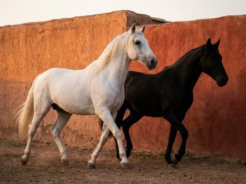 Black and White Horses Walking Along Rustic Adobe Wall.