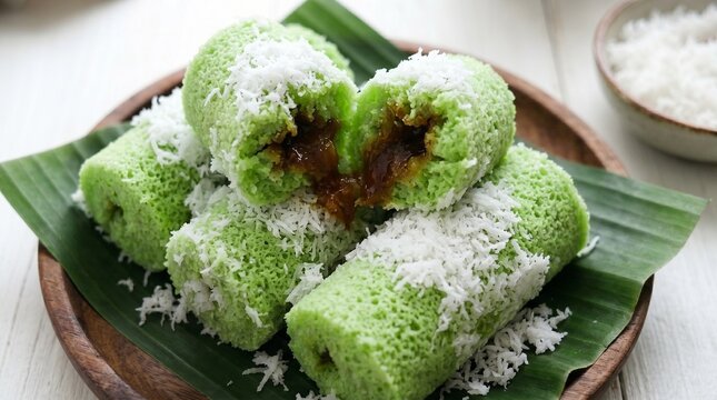 An appetizing close-up shot of sweet Indonesian kue putu bambu green rice cakes topped with shredded coconut, featuring a broken cake showing rich melted palm sugar filling on a wooden plate.