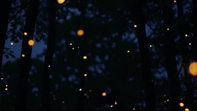Firefly lights blinking dark forest night loop, warm golden-green firefly points blinking randomly at varying depths, magical summer nature footage, dreamy background for romantic outdoor brand video.