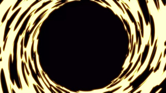 Flash FX spiral golden energy transition animation on black screen background. hand drawn lightning bursts, 2D cartoon flash fx energy animation, explosive cartoon energy effects. 4k video