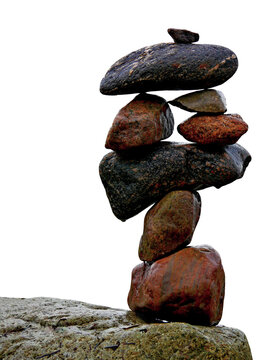 Balancing wet stones creating an inukshuk sculpture, transparenter background