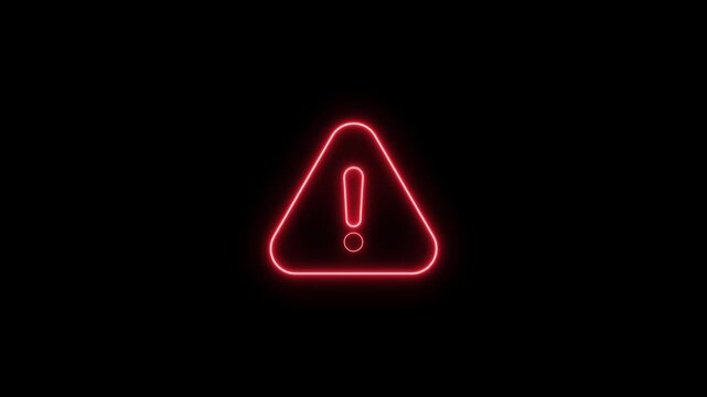 Glowing red neon warning sign animation, pulsing exclamation mark triangle digital alert symbol caution