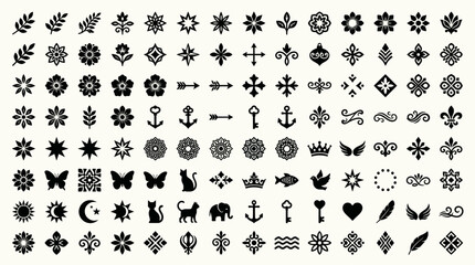 Fototapeta premium Collection of various black decorative icons and symbols.