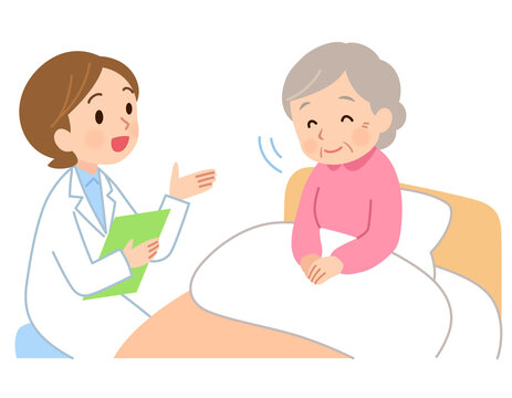 ベッドに座る高齢女性に話をする医者　訪問看護