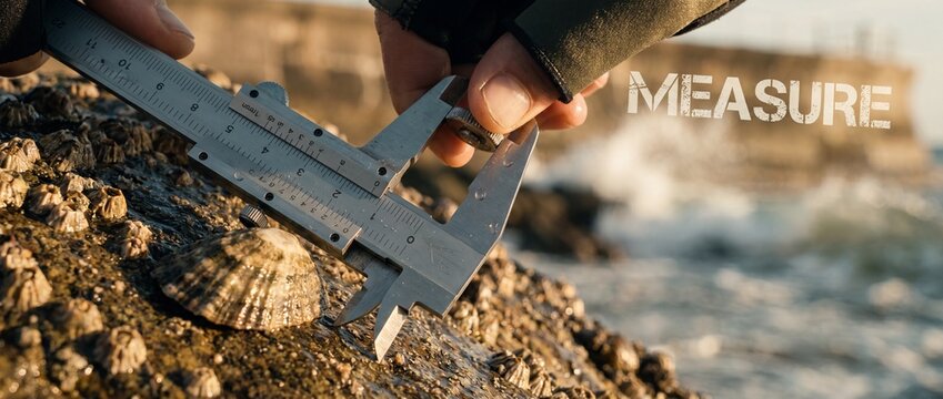 Marine biologist measuring limpet shell with vernier caliper on rocky ocean coast during environmental research. Close macro hands of scientist studying tide pool life and marine coastal conservation.