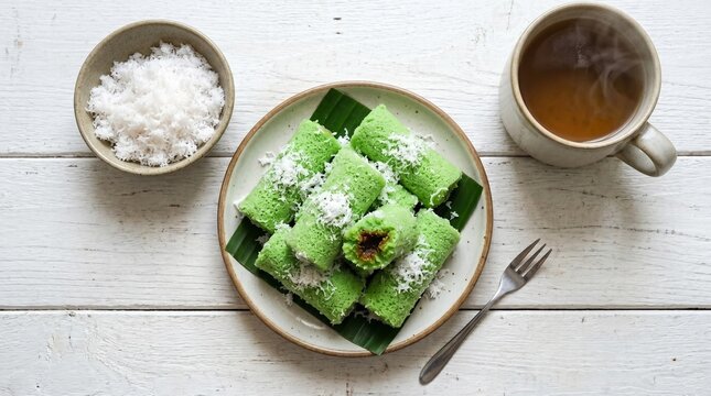 An appetizing flat lay shot of sweet Indonesian kue putu bambu green rice cakes on a banana leaf ceramic plate, served with a bowl of grated coconut and a hot cup of steaming tea.