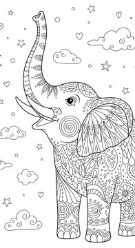 Decorative Line Art Elephant Standing with Raised Trunk Among Stars and Clouds