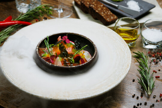 Molecular Gastronomy Salmon Tartare with Caviar and Seaweed