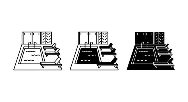 Swimming Pool Icons Set, Diving Board and Lounger Vector Graphics, Aquatic Recreation and Leisure Symbols