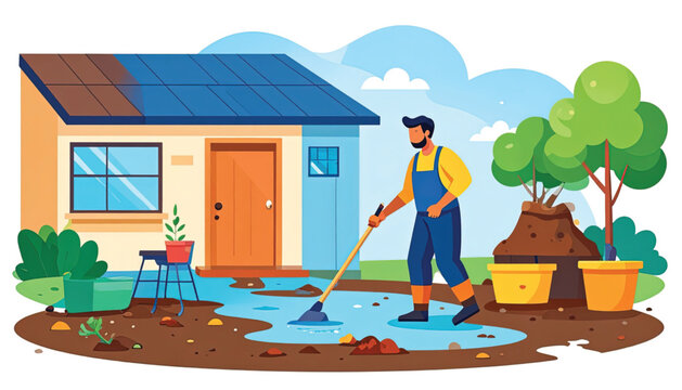 Man cleaning yard with broom outdoors.