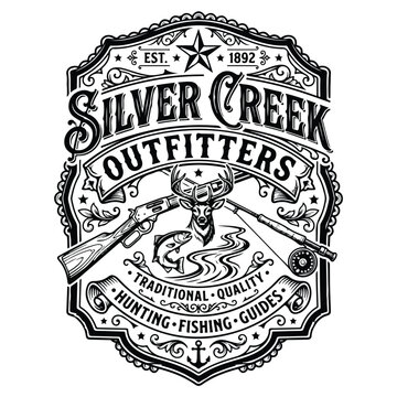Vintage Silver Creek Outfitters hunting and fishing badge logo design.