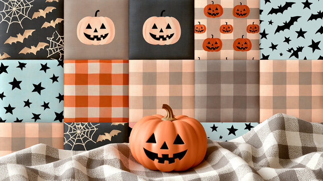 A seamless Halloween-themed patchwork pattern. The patterns on each square are different, such as a dark gray background decorated with white spiderwebs and light brown bats; a lig