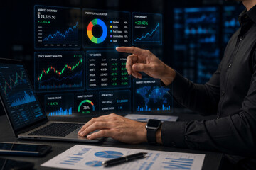 Fototapeta premium Businessman analyzing stock market data, financial charts, and investment performance digital
