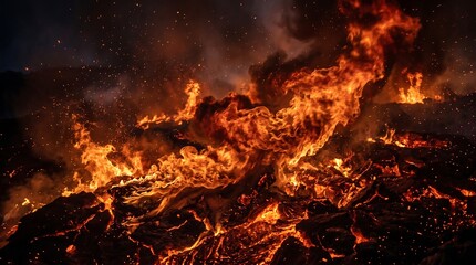 Fototapeta na wymiar Lava flow, volcanic fire, burning landscape, fiery eruption