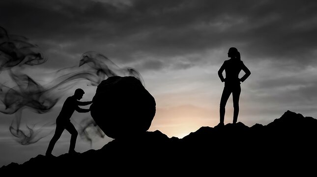 Silhouette of a man pushing a heavy boulder uphill while a woman stands watching.