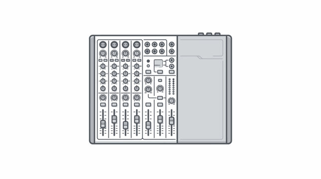 Audio mixing console with faders and knobs for sound production