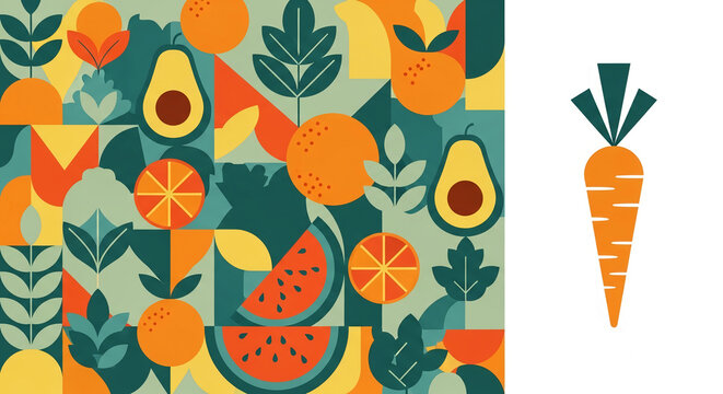 Geometric abstract art featuring fruits and leaves in warm, cool tones, with a simple carrot illustration on the side, representing fresh produce and vibrant design