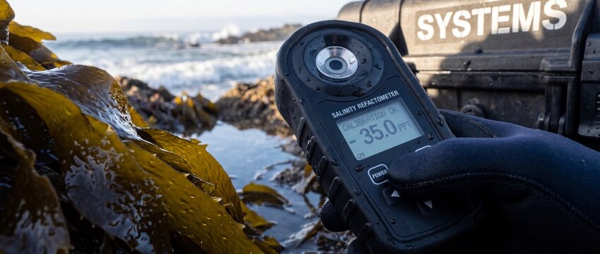 Digital salinity refractometer hand holding device in tidepool measuring ocean water quality, marine biology research and environmental monitoring, scientific testing in rocky coastal kelp environment