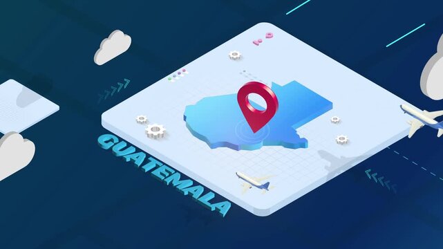 Isometric 3D Render of Guatemala Map with Red Location Pin Pointer and Floating Airplanes
