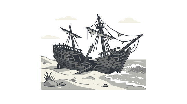 Dilapidated shipwreck resting on a sandy beach with gentle waves
