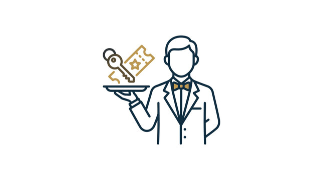 Butler concierge serving key and ticket on silver tray.