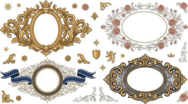 Ornate baroque gold frames vector set featuring elegant oval borders royal crown floral roses and blue ribbon banner for luxury wedding design elements