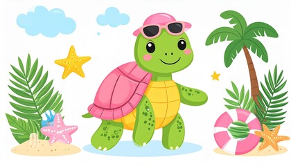 Obraz premium Cute Turtle on Vacation - Summer Beach Scene Illustration.