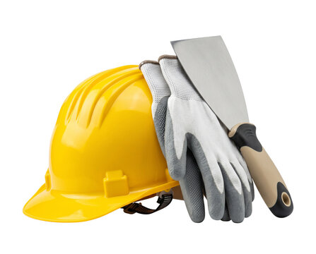 Construction Safety Gear: Hard Hat, Gloves, and Spatula on White Background