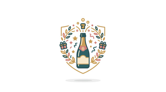 Champagne celebration crest with confetti and wreath.