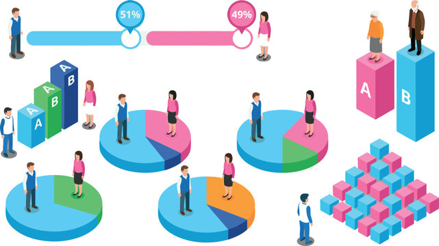Isometric Demographic Infographic Elements Set with Gender Statistics Population Percentage Pie Charts Bar Graphs and Micro People Vector Illustration