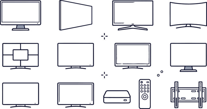 Smart television and computer monitor line icon vector set featuring curved screen side perspective multi window remote control wall mount bracket and media receiver elements