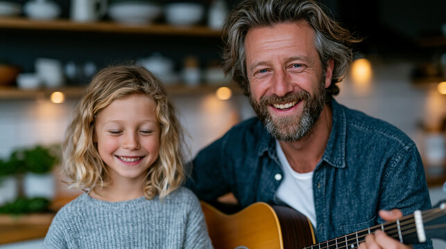 Father and daughter playing music in the kitchen, dishes and herbs on the counter, imperfect morning light, defocused background, wide shot, family creativity, home lifestyle, joyf
