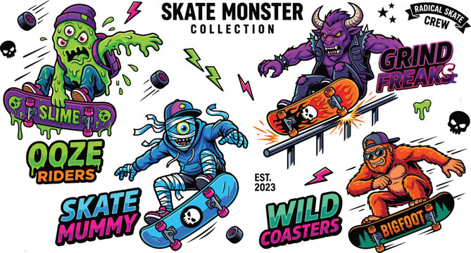 Skate monster cartoon vector graphic set featuring skateboarding slime mummy bigfoot and horned demon characters for street apparel sticker design templates
