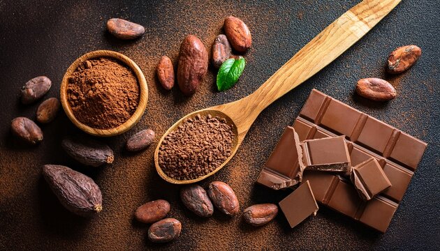 assorted chocolate pieces and cocoa beans with cocoa powder in a wooden spoon on a dark rustic background top view flat lay composition