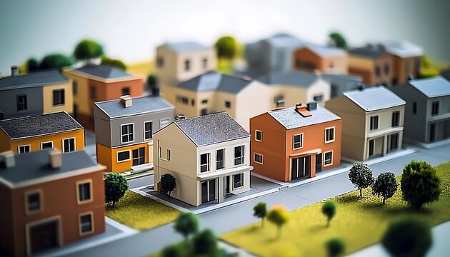 Model neighborhood with small houses and miniature trees on a grey road.