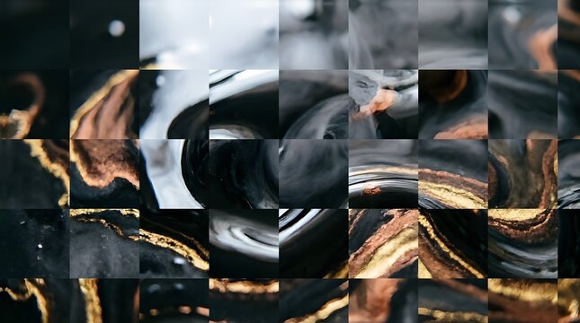 Luxury abstract dark fluid marble texture with flowing black ink and shimmering metallic gold veins, elegant liquid obsidian background for premium design